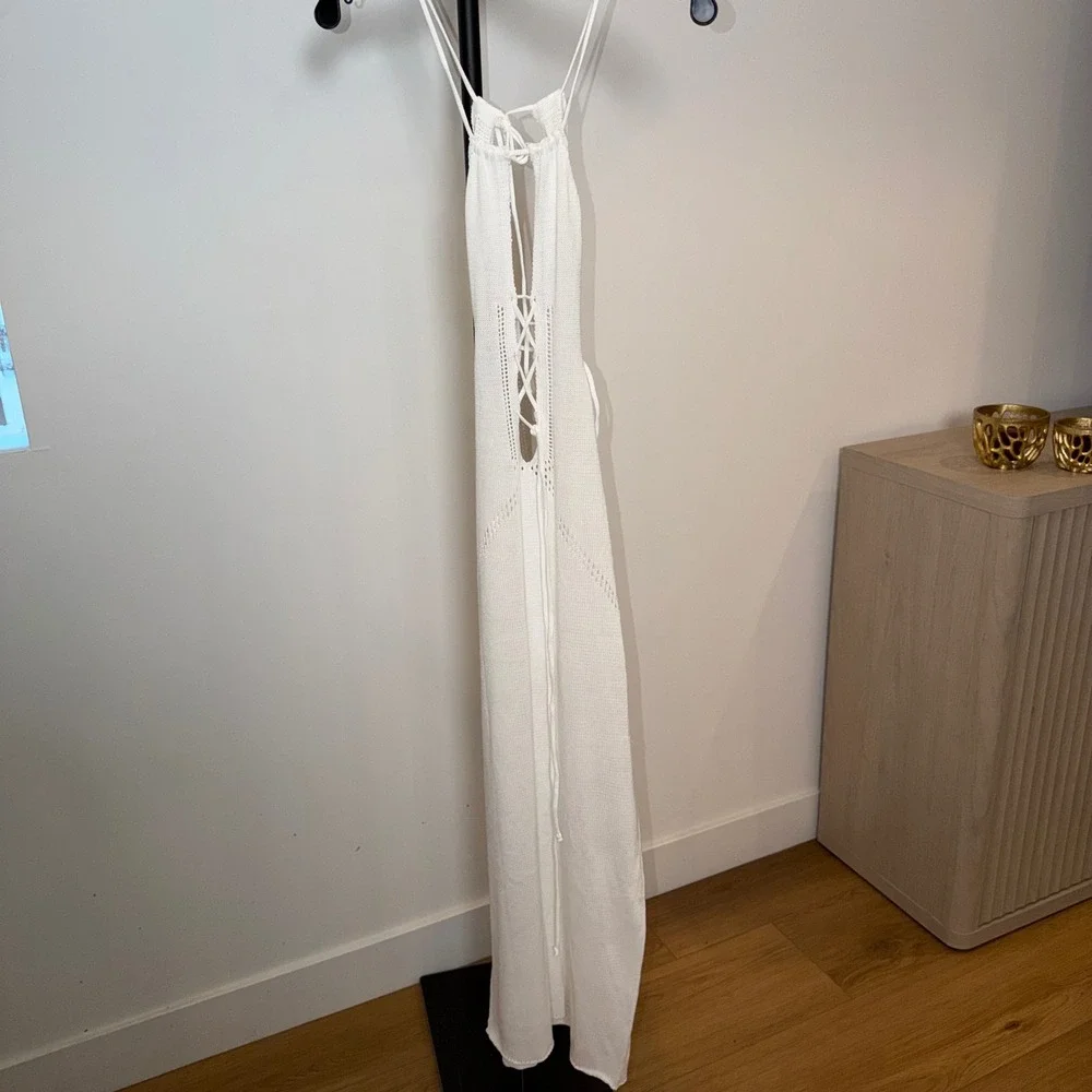 White Knit Lace Up Front Cut Out Maxi Dress Sexy Beach Cover Up Sleeveless M - Picture 2 of 8
